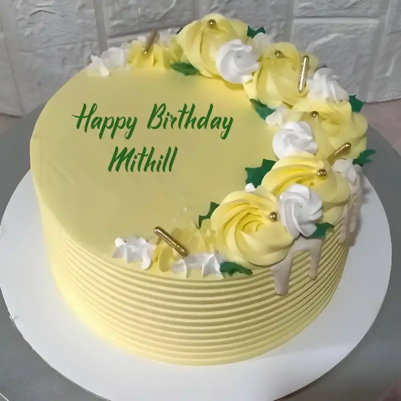 Happy Birthday Mithill Yellow Flowers Cake