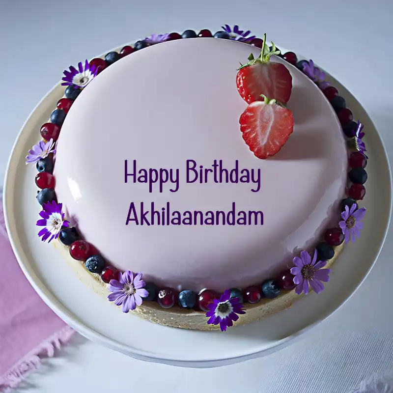 Happy Birthday Akhilaanandam Strawberry Flowers Cake