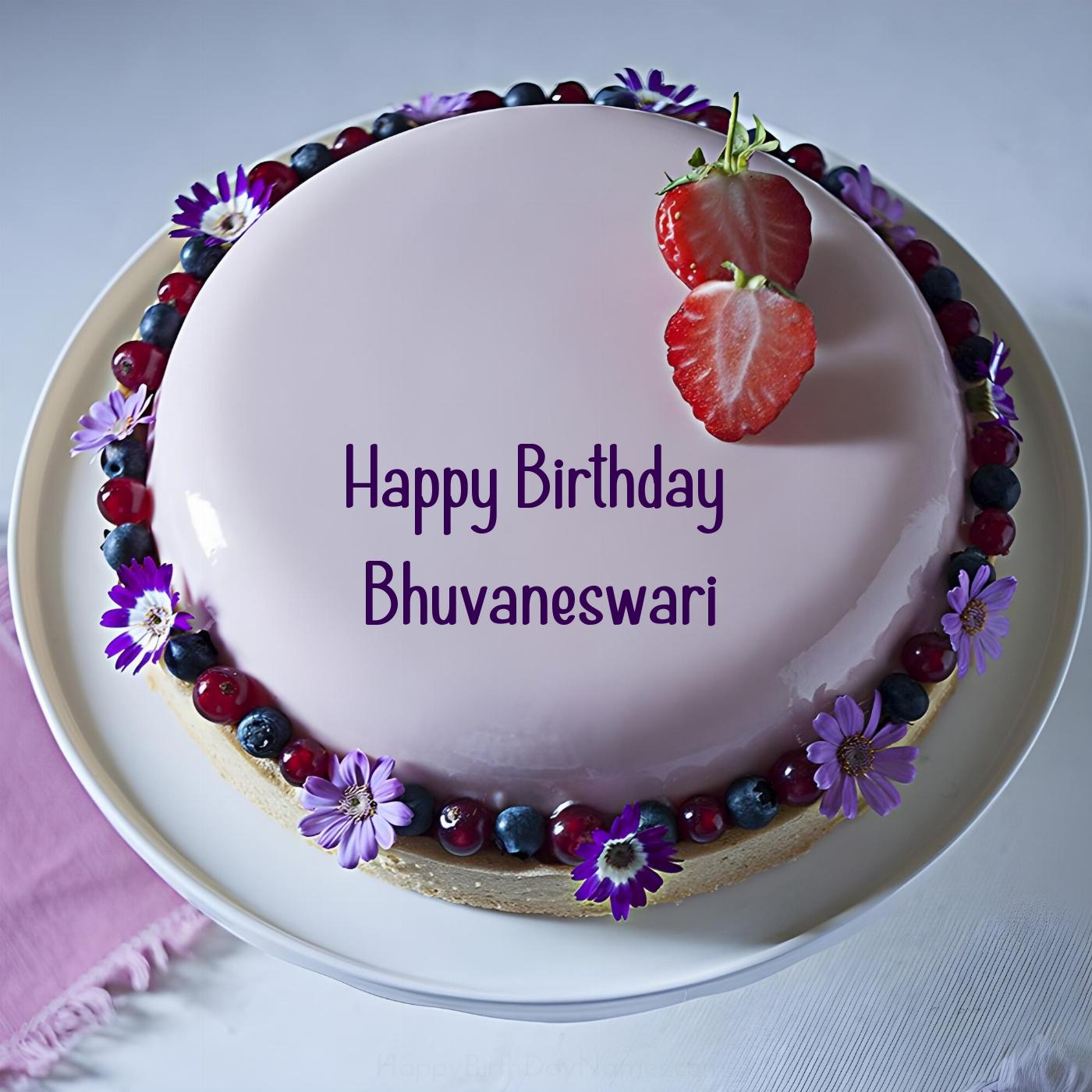 Happy Birthday Bhuvaneswari Strawberry Flowers Cake