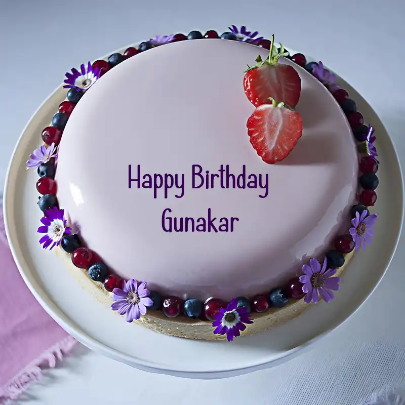 Happy Birthday Gunakar Strawberry Flowers Cake
