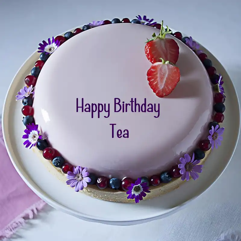 Happy Birthday Tea Strawberry Flowers Cake