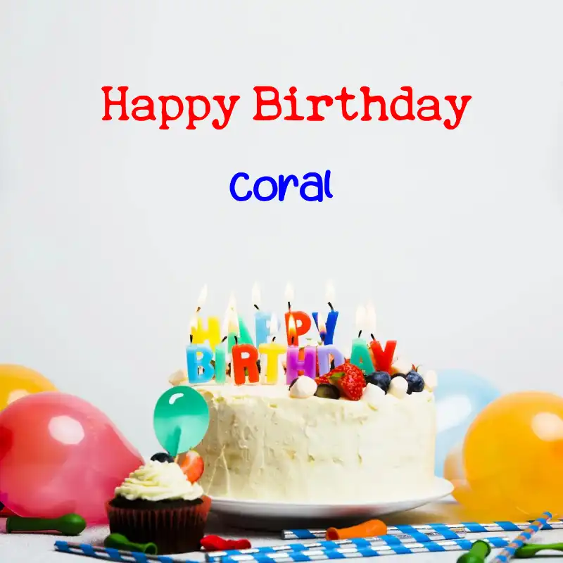 Happy Birthday Coral Cake Balloons Card