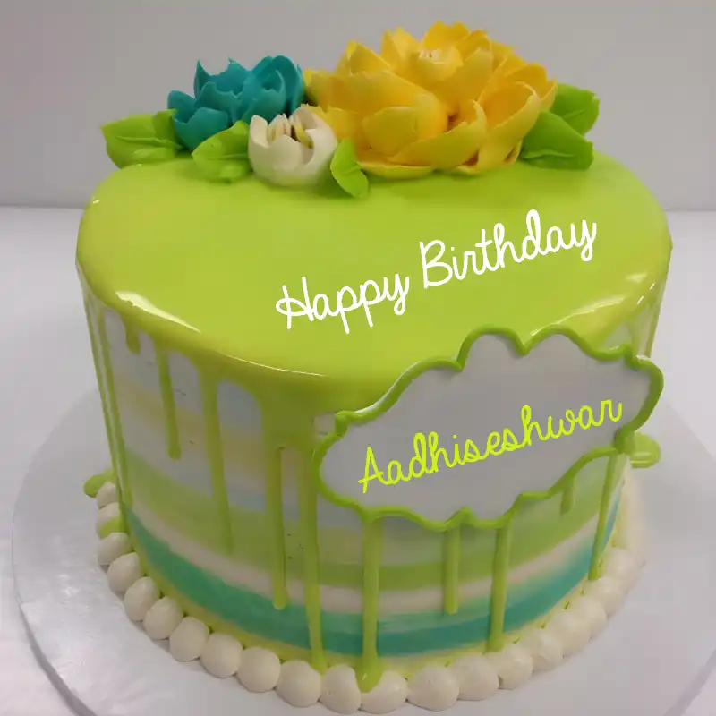 Happy Birthday Aadhiseshwar Green Flowers Cake