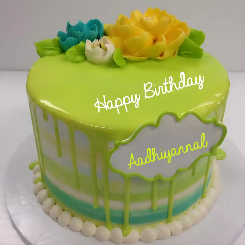 Happy Birthday Aadhiyannal Green Flowers Cake