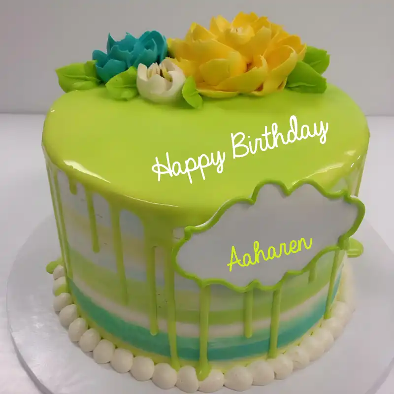 Happy Birthday Aaharen Green Flowers Cake
