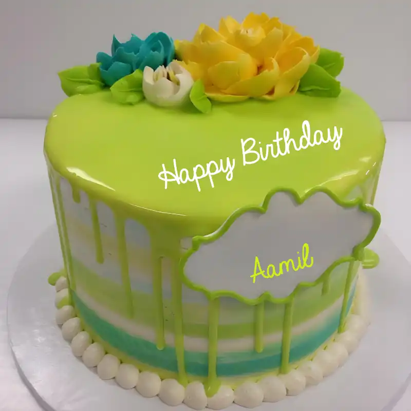 Happy Birthday Aamil Green Flowers Cake