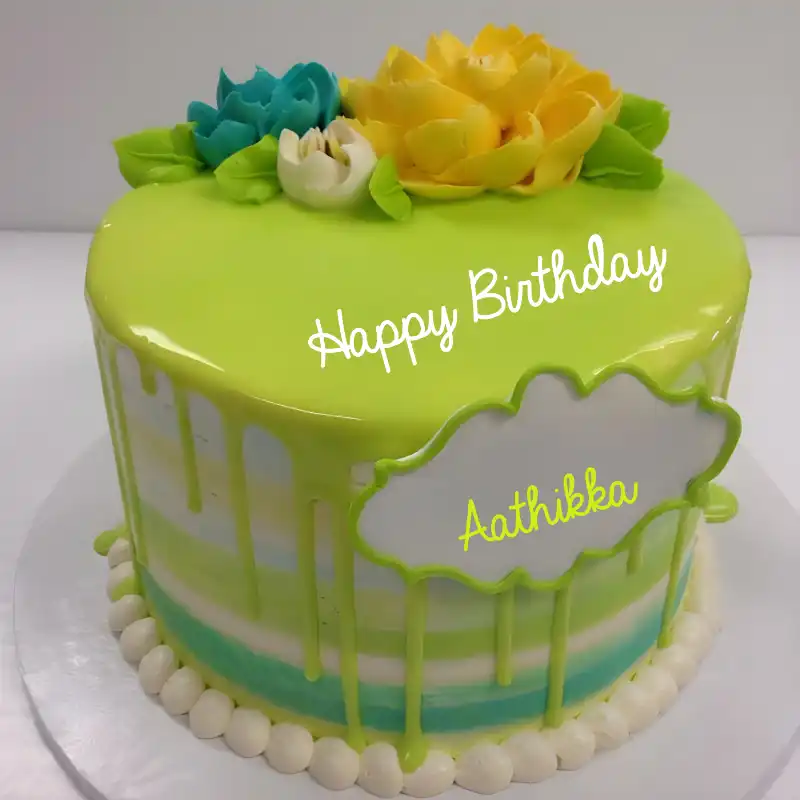Happy Birthday Aathikka Green Flowers Cake