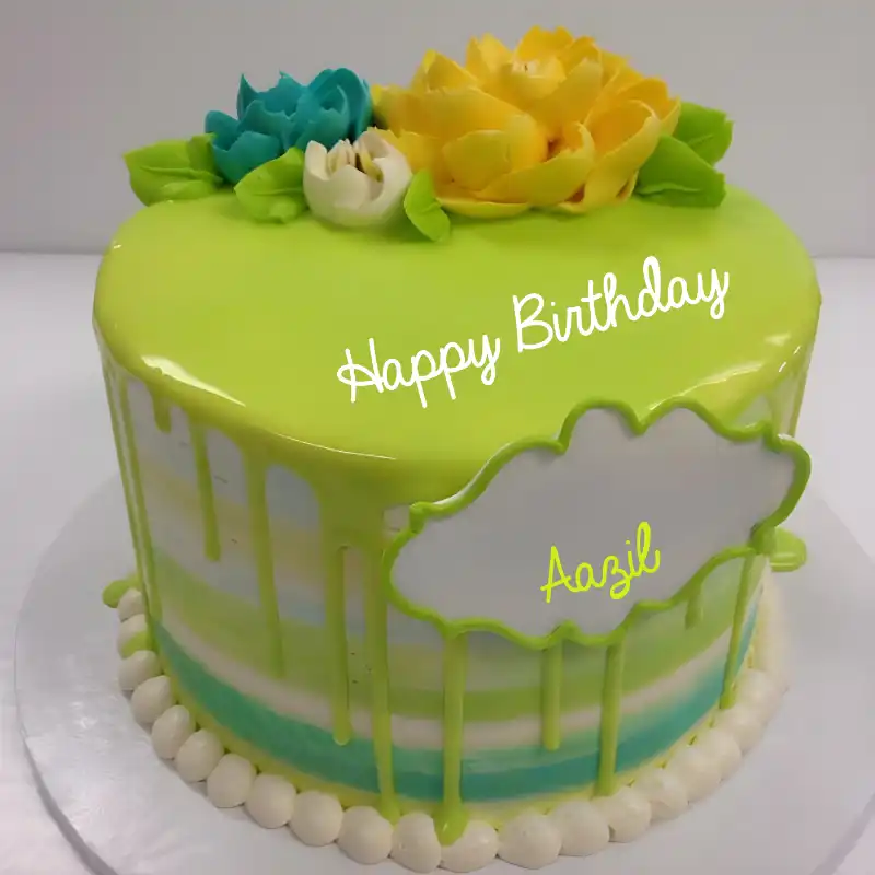 Happy Birthday Aazil Green Flowers Cake