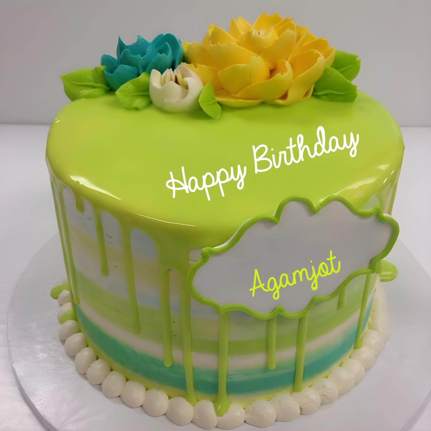 Happy Birthday Agamjot Green Flowers Cake
