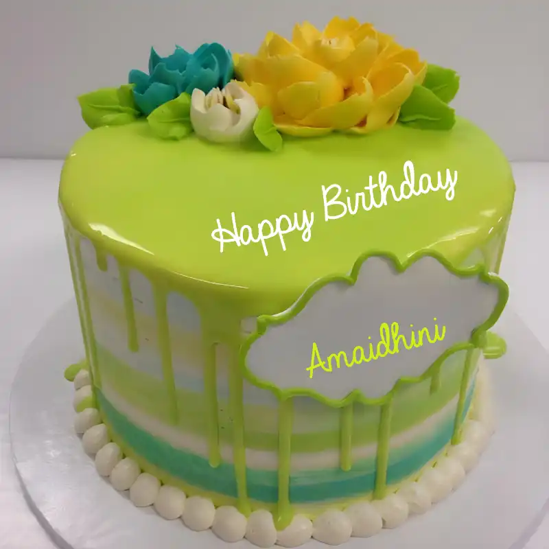 Happy Birthday Amaidhini Green Flowers Cake