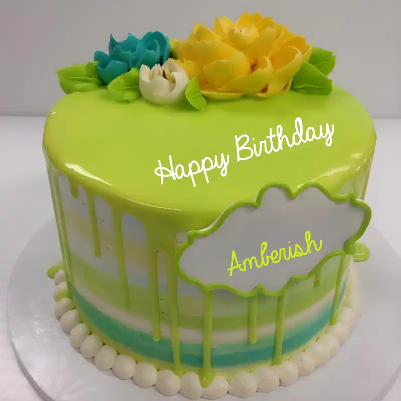 Happy Birthday Amberish Green Flowers Cake