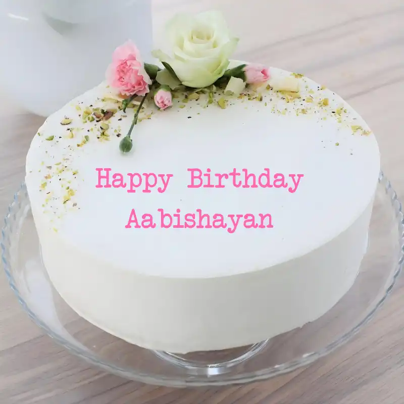Happy Birthday Aabishayan White Pink Roses Cake