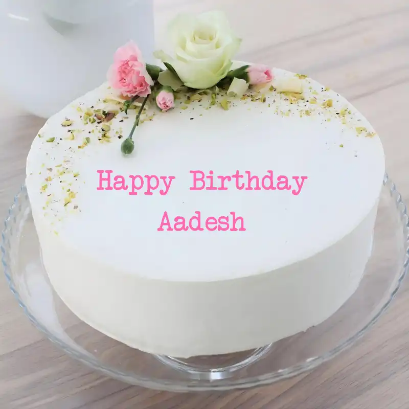 Happy Birthday Aadesh White Pink Roses Cake