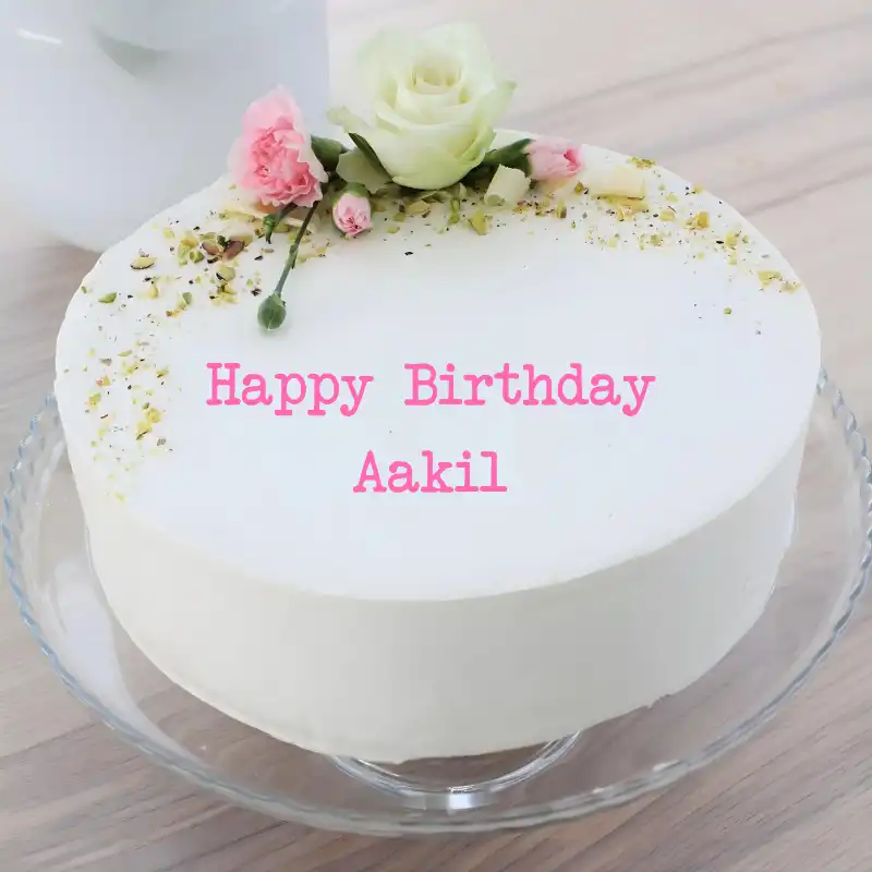 Happy Birthday Aakil White Pink Roses Cake
