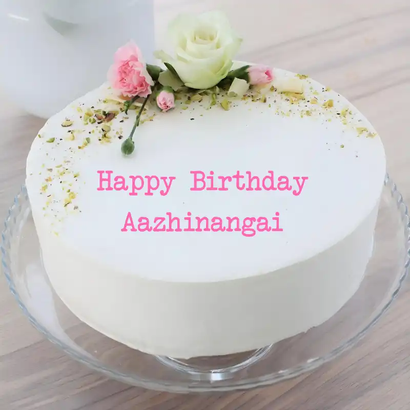 Happy Birthday Aazhinangai White Pink Roses Cake