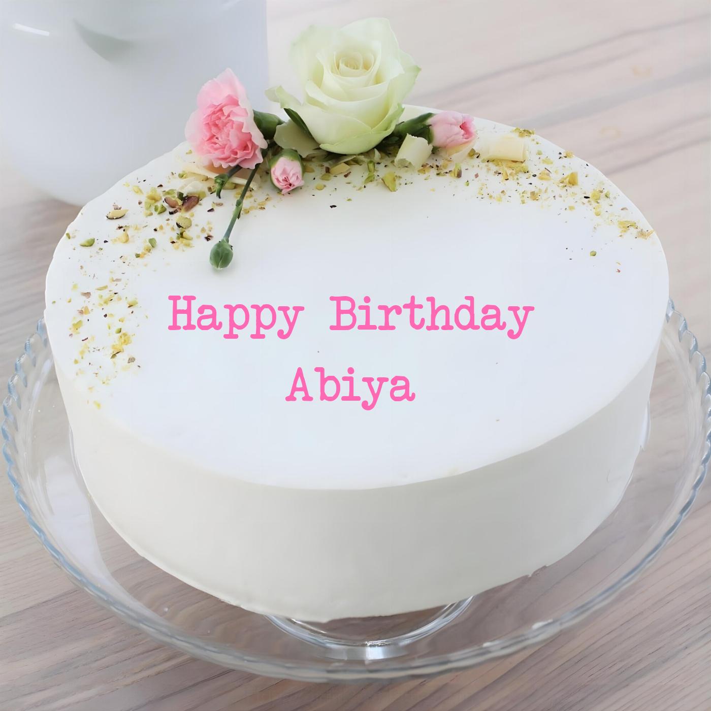 Happy Birthday Abiya White Pink Roses Cake