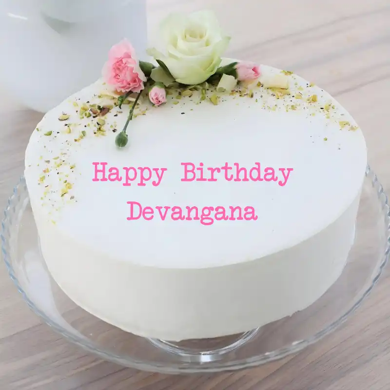 Happy Birthday Devangana White Pink Roses Cake