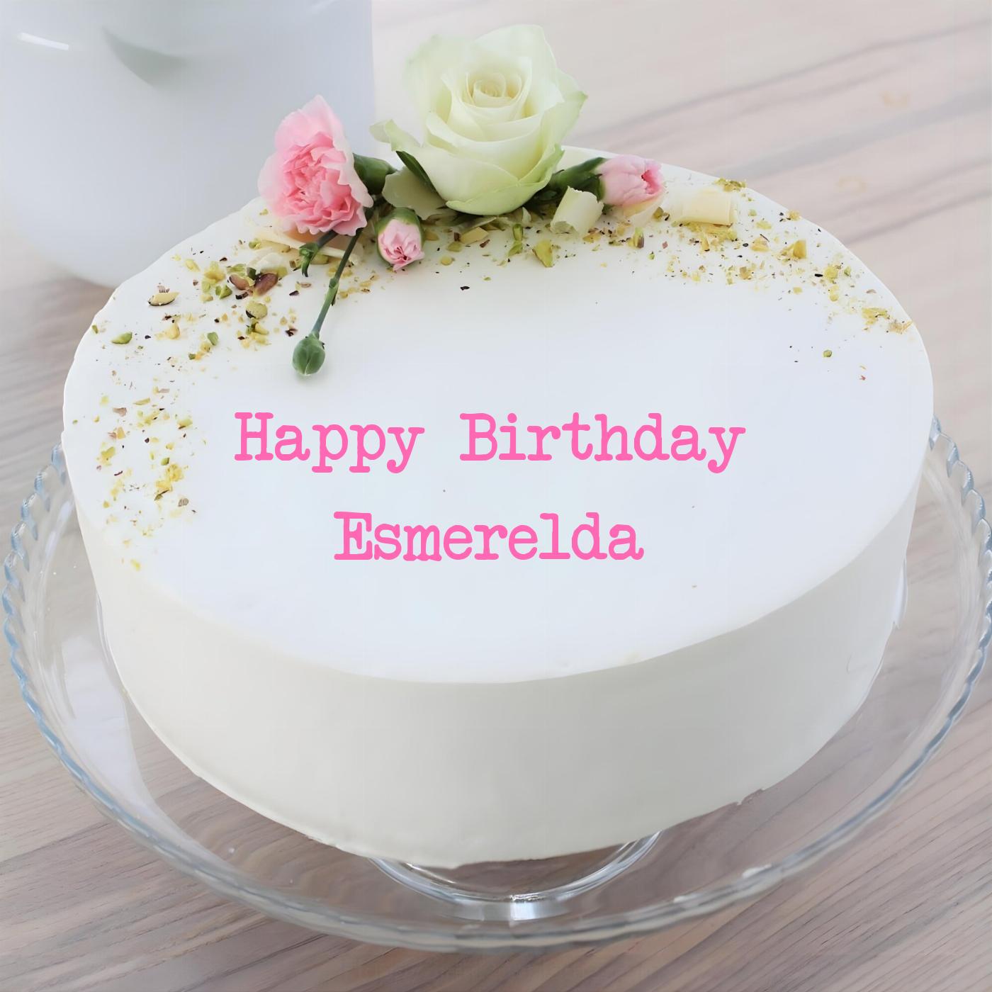 Happy Birthday Esmerelda White Pink Roses Cake