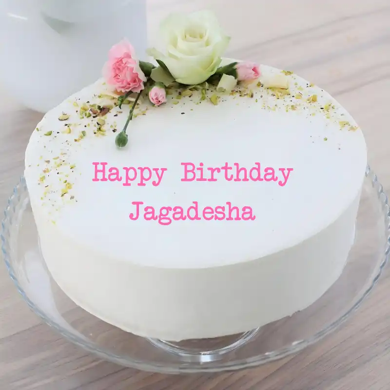 Happy Birthday Jagadesha White Pink Roses Cake