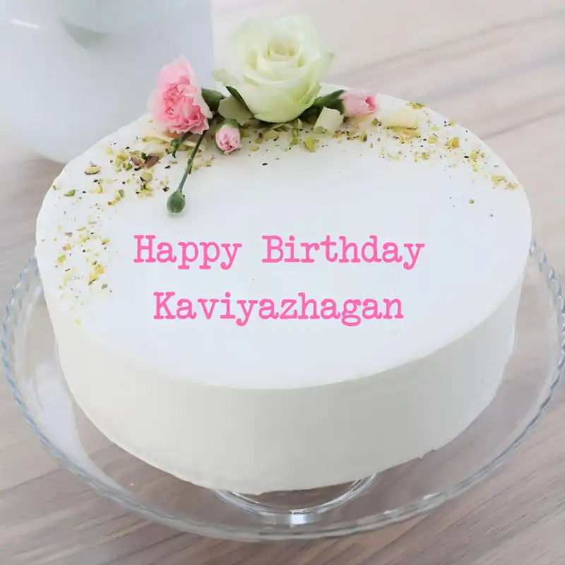 Happy Birthday Kaviyazhagan White Pink Roses Cake