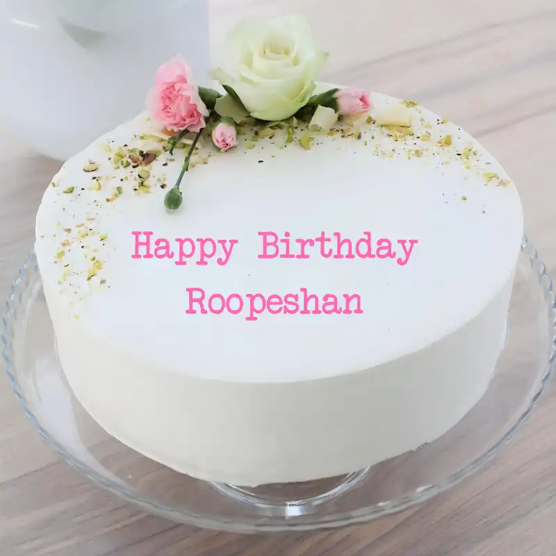 Happy Birthday Roopeshan White Pink Roses Cake