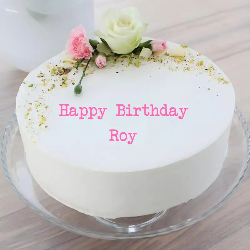 Happy Birthday Roy White Pink Roses Cake